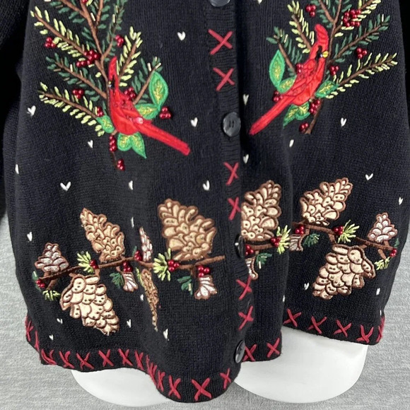 VTG In Resource Woman 2XL Black Cardinal Pinecone Embroidered Cardigan Sweater - Picture 7 of 16